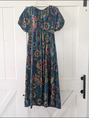 Teal Floral Maxi Dress with Puff Sleeves